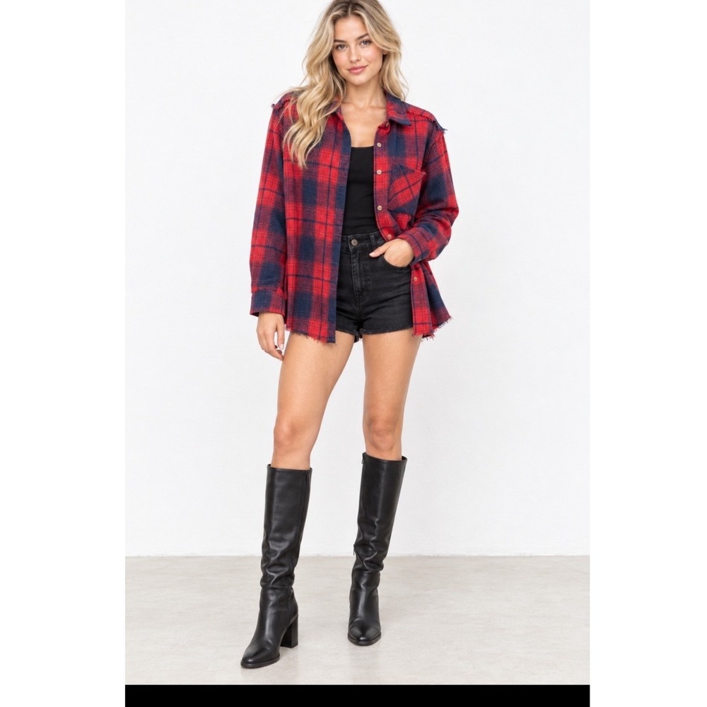 La Miel Plaid Flannel Shirt S Red Navy Blue Raw Hem Frayed Button Down Oversized
